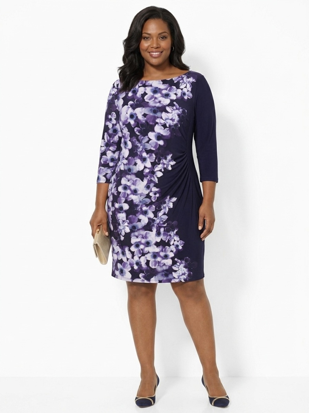 Lauren Ralph Lauren Navy Blue Floral 3/4 Sleeve Midi Dress Plus Size 22W